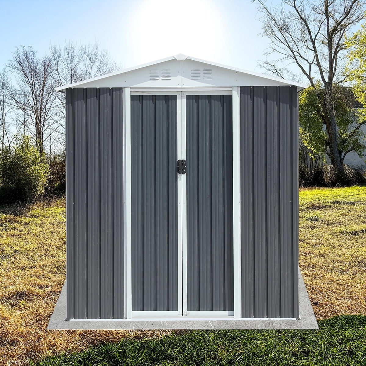 6x4 FT Outdoor Metal Storage Shed, Waterproof Outside Garden Sheds w/Lockable Sliding Doors and Vents, Weather Resistant Steel Tool Storage House for Backyard, Patio, Lawn, Grey