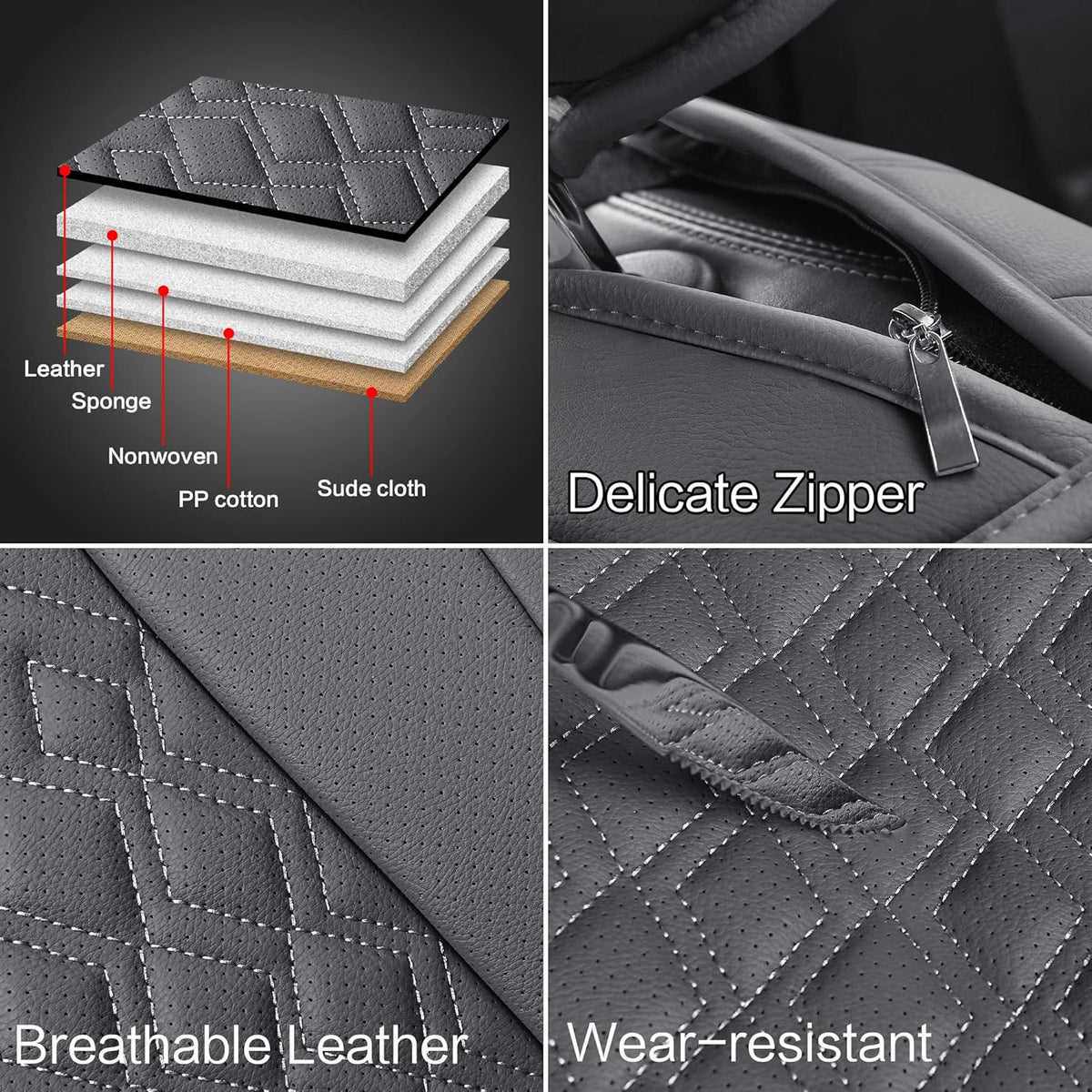 Pariitadin Leather Car Seat Covers Front Pair, Waterproof Breathable Faux Leather Automotive Seat Covers for Cars, Non-Slip Car Interior Covers Universal Fit Most Cars Sedans Trucks SUVs, Gray