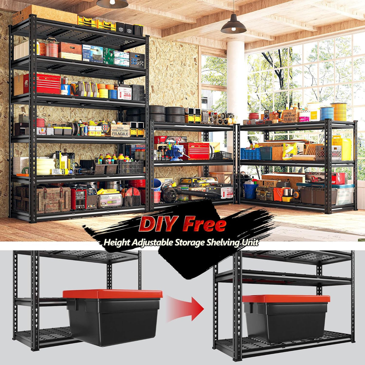 REIBII 3300LBS Garage Shelving 48" W Storage Shelves 6 Tier Garage Shelving Heavy Duty, Adjustable Metal Shelves for Warehouse, Basement, Storage, 48" W x 78" H x 18" D