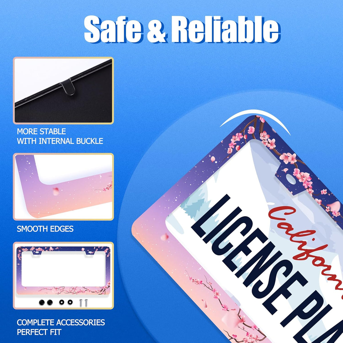 Cherry Blossom License Plate Frame Pink Flowers Floral License Plate Stainless Steel Funny License Plate Holder Women Car Accessories Decoration with Screws Fits Standard Vehicles Size 12.3" x 6.3"