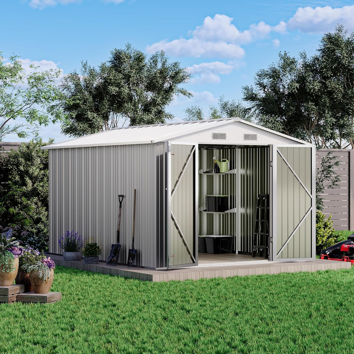 Patiowell 8x10 FT Outdoor Storage Shed with Detachable Storage Rack, Large Garden Tool Metal Shed with Sloping Roof and Double Lockable Door, Outdoor Shed for Backyard Garden Patio Lawn,Grey