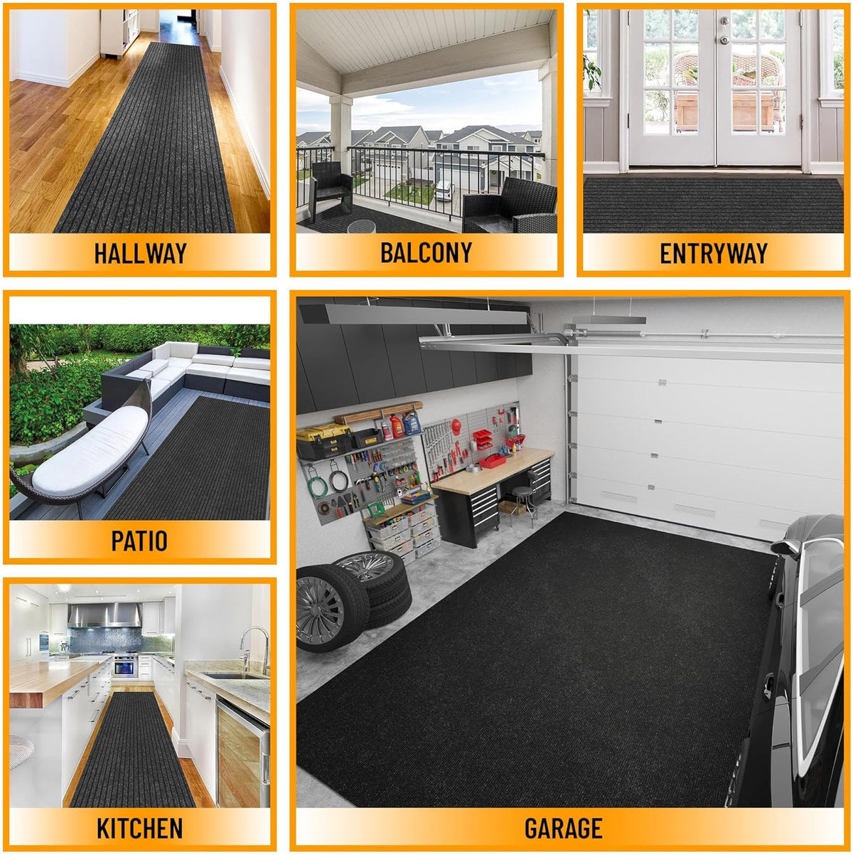 Ottomanson 2' x 14' Hallway Runner with Scraper Pile Extra Durable Non-Slip Rug Mat for Indoor & Outdoor Use - Ideal for Kitchen, Entryway, Patio & Garage - High-Traffic Carpet, Black