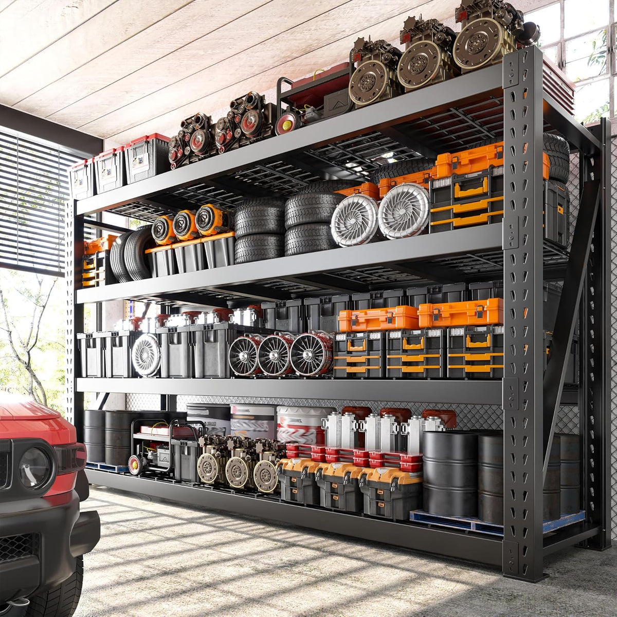 Bepatio 8000LBS Garage Shelving Heavy Duty, 77" Ultra Wide Storage Shelves 4 Tier Metal Shelving for Storage, Adjustable Utility Shelves For Garage, Basement, Warehouse, Black 77" W*24" D*72”H, 2 Pack