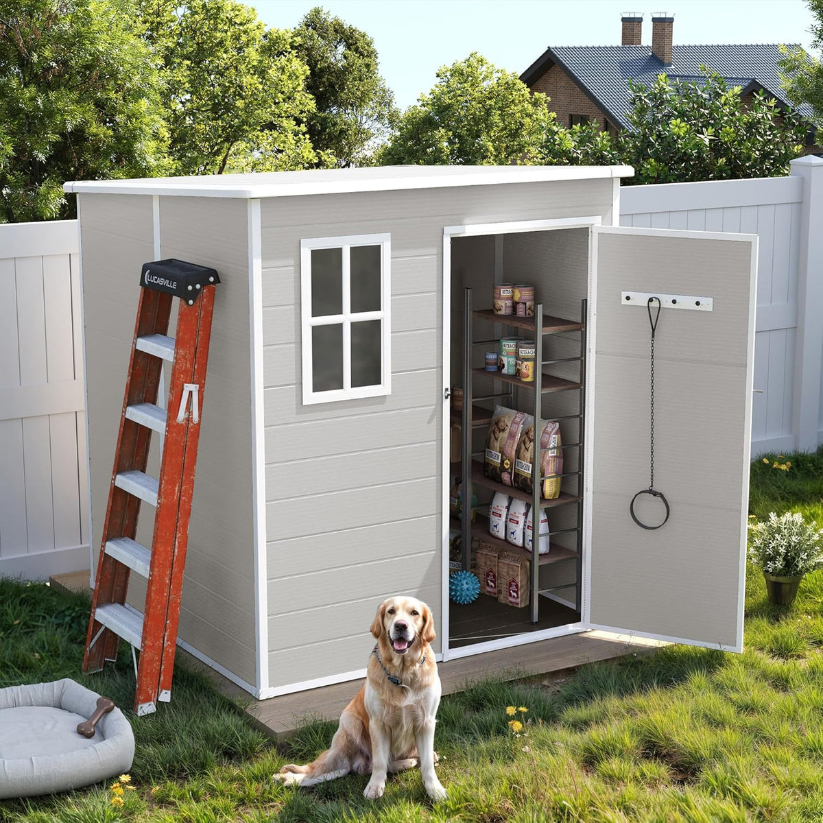 UDPATIO Outdoor Storage Shed 6 x 6 FT, Resin Garden Sheds Plastic Patio Outdoor Storage with Lockable Door for Tool, Bike, Sandstone