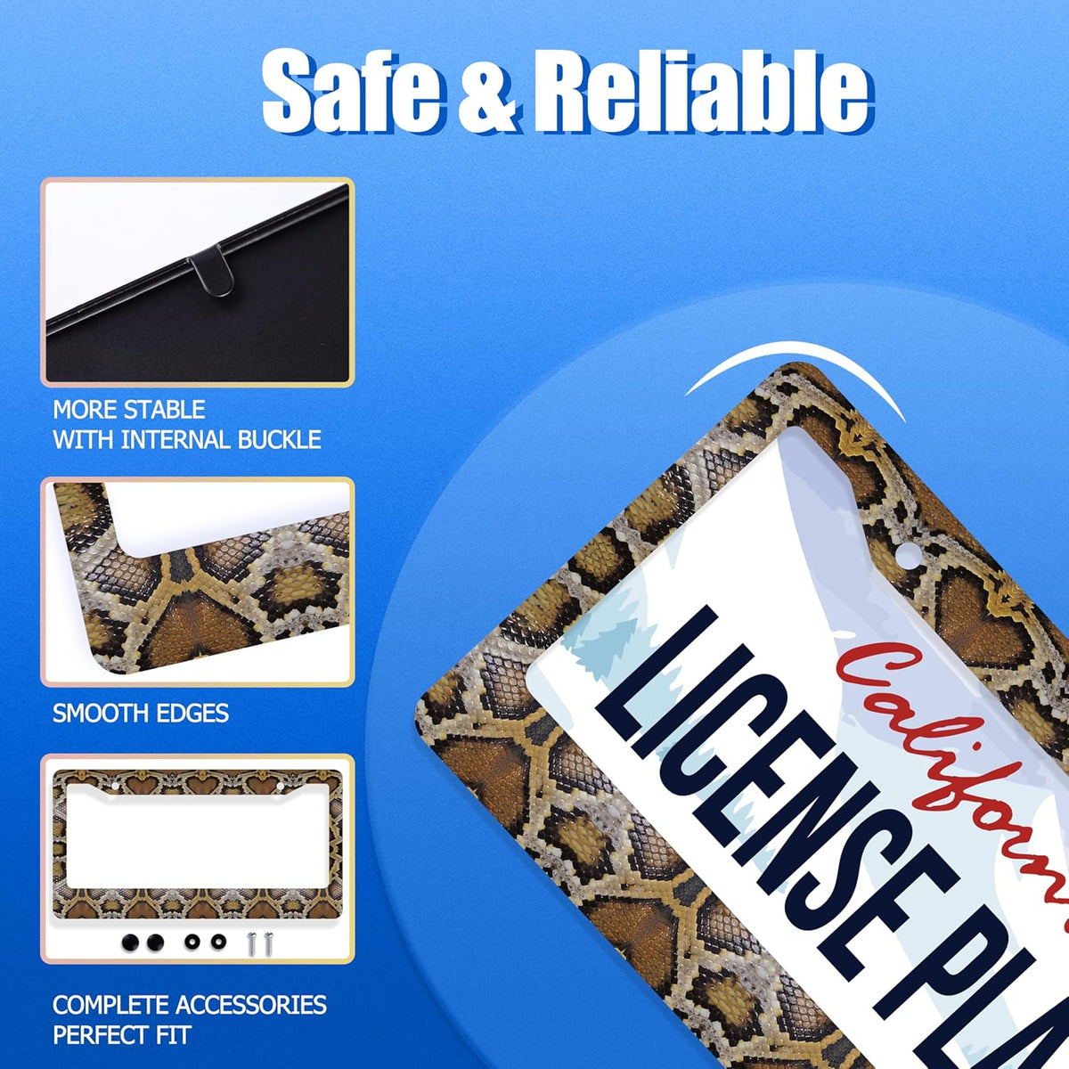 Snake Printed License Plate Frame Animal Skin Texture License Plate Stainless Steel Funny License Plate Holder Colorful Car Accessory with Screws Car Decoration 12.3" x 6.3" Men Women