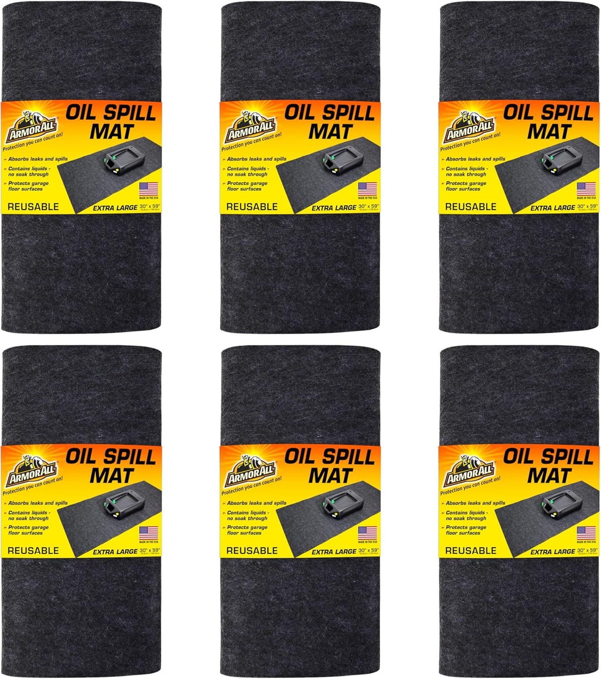 Armor All Premium Oil Spill Mat, Garage Floor Maintenance Mat (30" x 59") (6-Pack), Absorbent Oil Pad, Reusable, Washable, Durable, Waterproof Backing Contains Liquids, Protects Surface (USA Made)