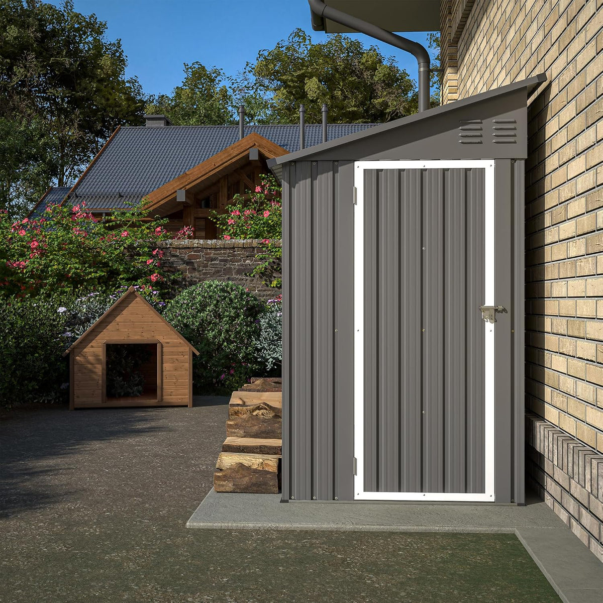 4x8 FT Outdoor Storage Shed,Lean to Metal Shed W/Floor Included,Garden Storage Shed W/Lockable Door,All Weather Waterproof Tool House W/ 2 Air Vents,for Backyard,Patio,Lawn,Garden,Gray