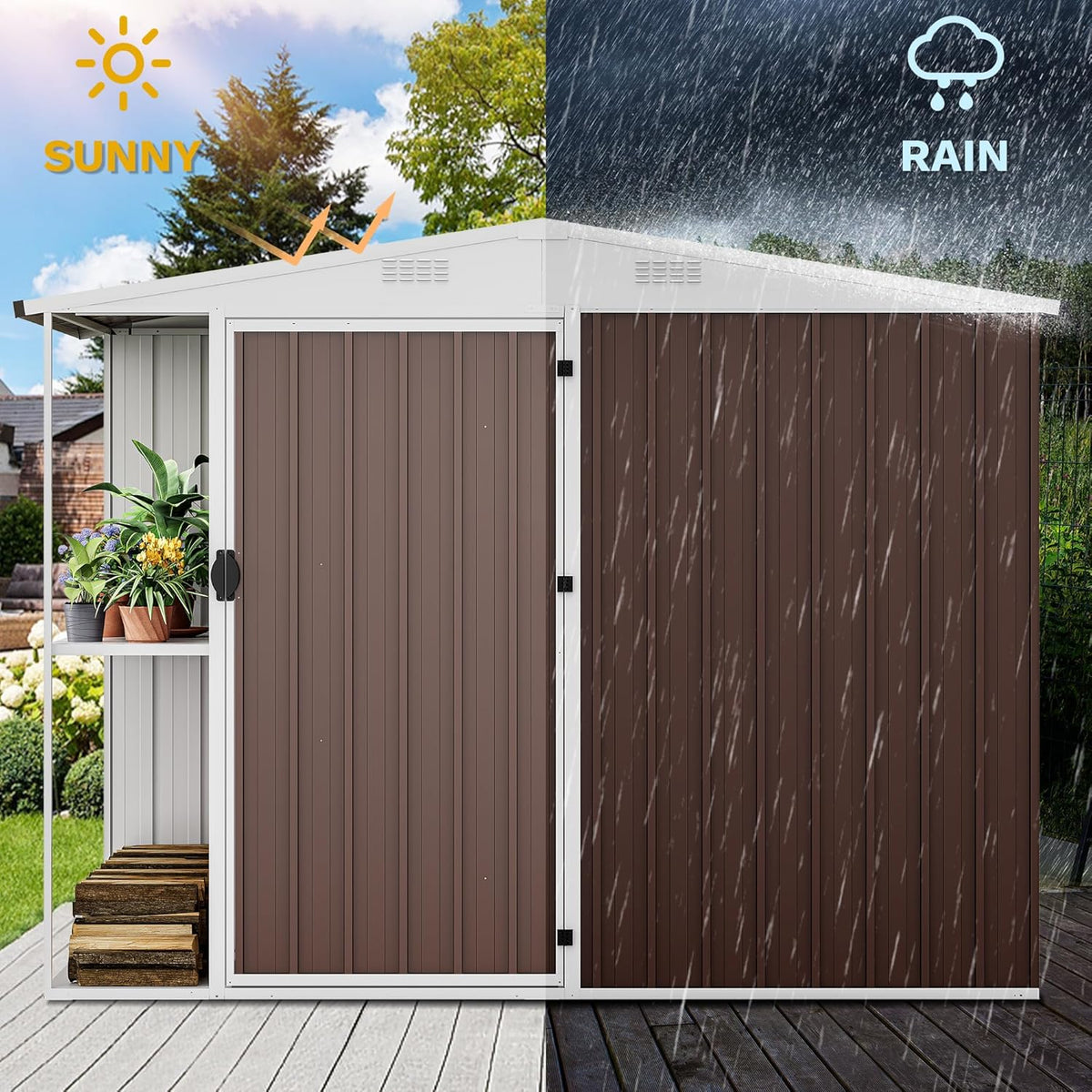 DWVO 8 x 4 ft Outdoor Storage Shed with 2-Tier Shelf, Metal Tool Shed & Garden Storage Cabinet for Backyard, Patio, Equipment & Bike, Brown