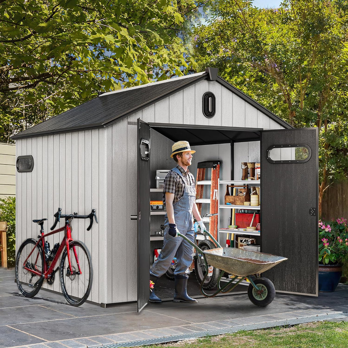 YITAHOME 8x8ft Resin Storage Structure, Outdoor 427 cuft Plastic Garden Storage Unit with Windows, Vents and Lockable Entrance, Waterproof Tool Organizer with Flooring for Lawn Equipment