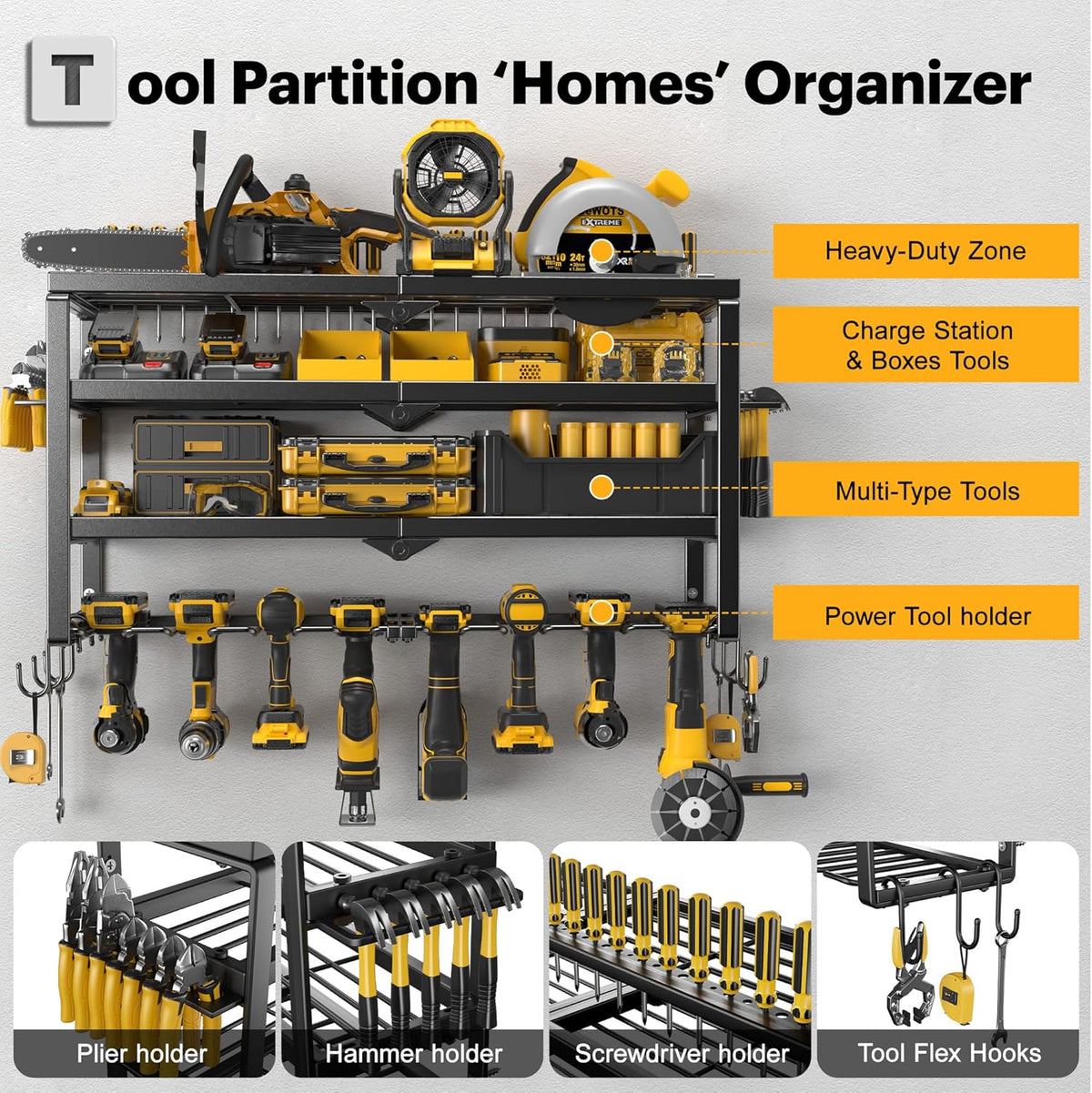 Large Power Tool Organizer Wall Mount, Maximum 420lbs Load Capacity, 4 Layers Heavy Duty Metal Tool Storage for Garage/Workshop/Shed, Utility Racks with 8 Cordless Drill Holder, Gift for Men