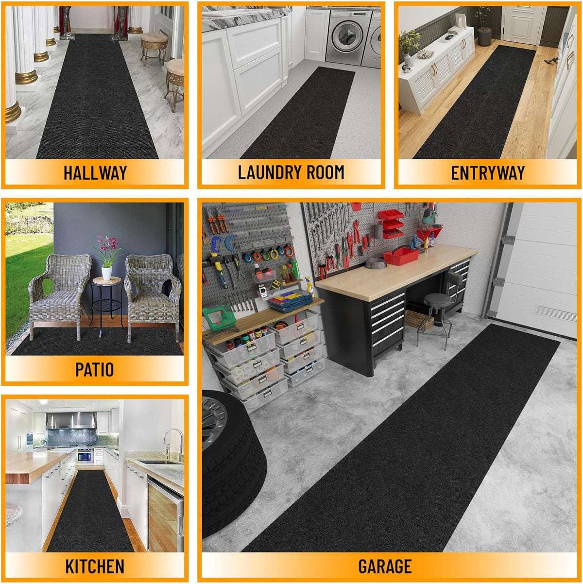 Ottomanson 2' x 33' Hallway Runner with Scraper Pile Extra Durable Non-Slip Rug Mat for Indoor & Outdoor Use - Ideal for Kitchen, Entryway, Patio & Garage - High-Traffic Carpet, Black