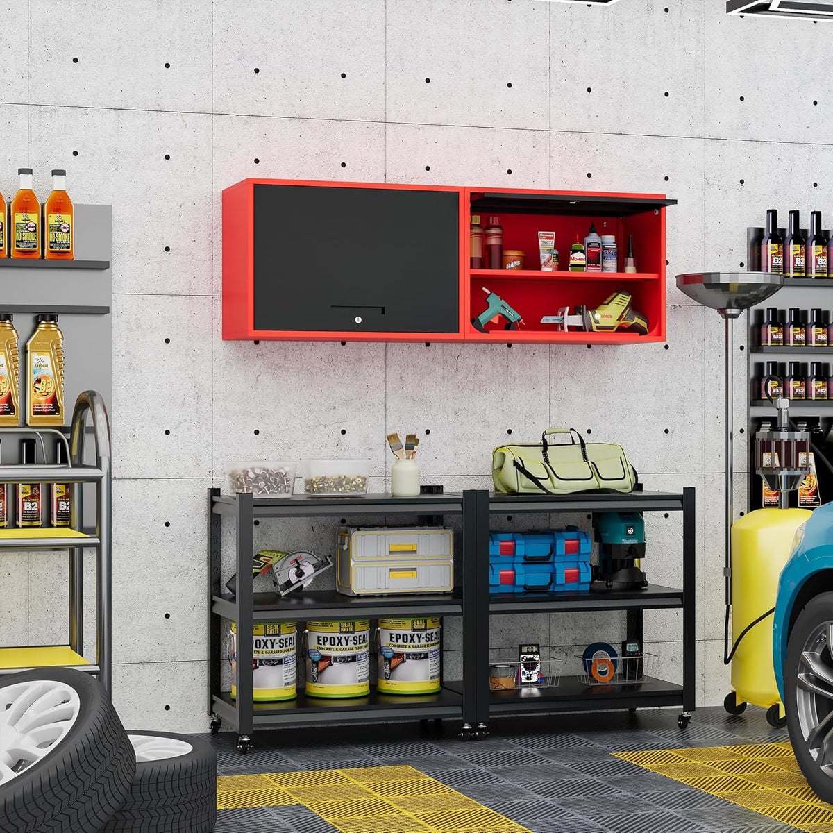 Metal Storage Cabinet Black Red Wall Cabinets with Shelf and Locking Door - Wall Mounted Storage Cabinet for Garage Warehouse Home Office - Assembly Required
