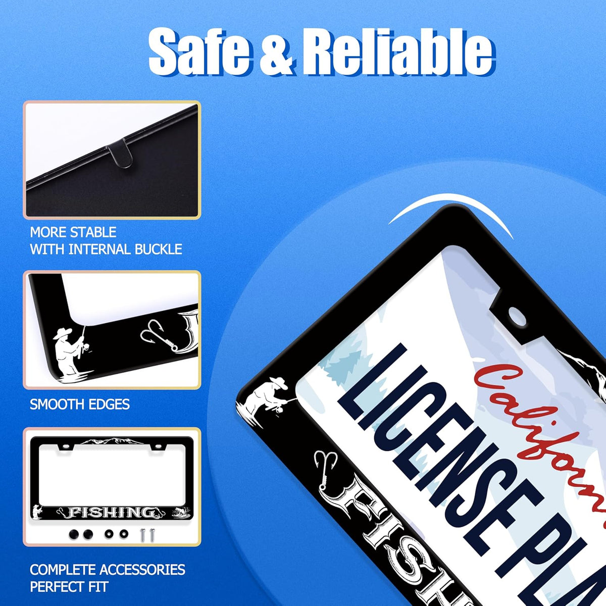 Fishing License Plate Frame Personalised License Plate Stainless Steel Funny Fish License Plate Holder for Men Women Universal Black Car Accessories Decoration 12.3" x 6.3"