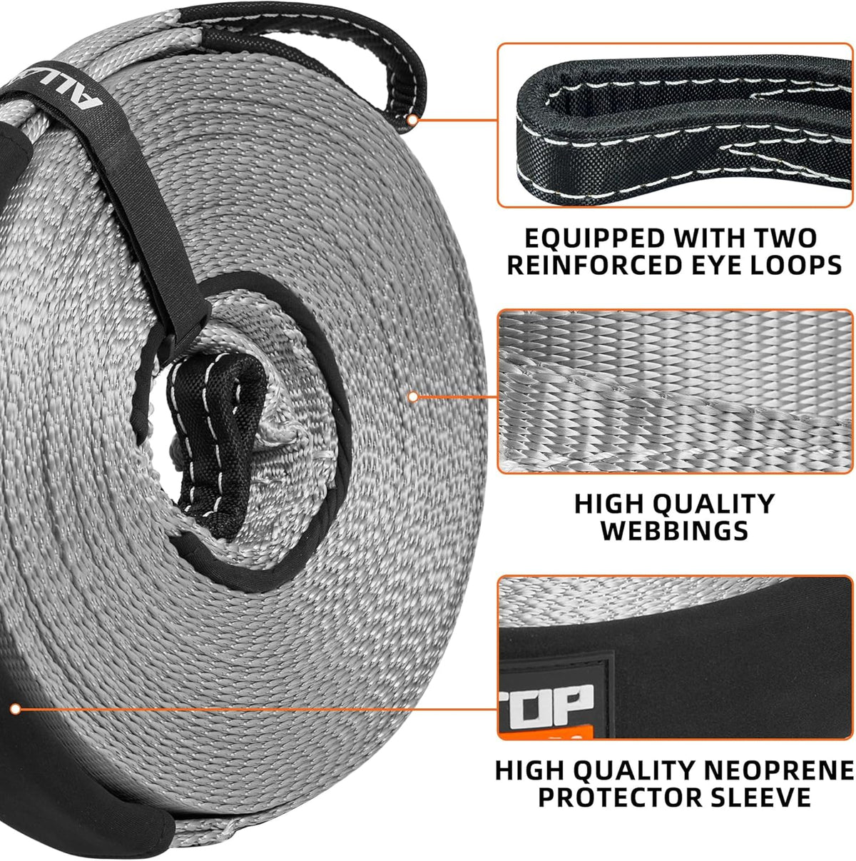 ALL-TOP Winch Extension Strap 2in x 65.6ft Min Break Strength 11000Lbs, Extend Reach of Winch Cable/Rope for Winch Rating Under 13500Lbs