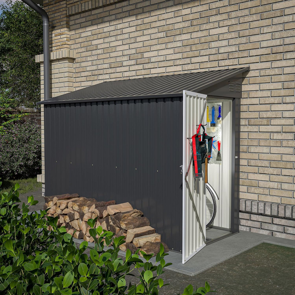 4x8 FT Outdoor Storage Shed,Lean to Metal Shed W/Floor Included,Garden Storage Shed W/Lockable Door,All Weather Waterproof Tool House W/ 2 Air Vents,for Backyard,Patio,Lawn,Garden,Black
