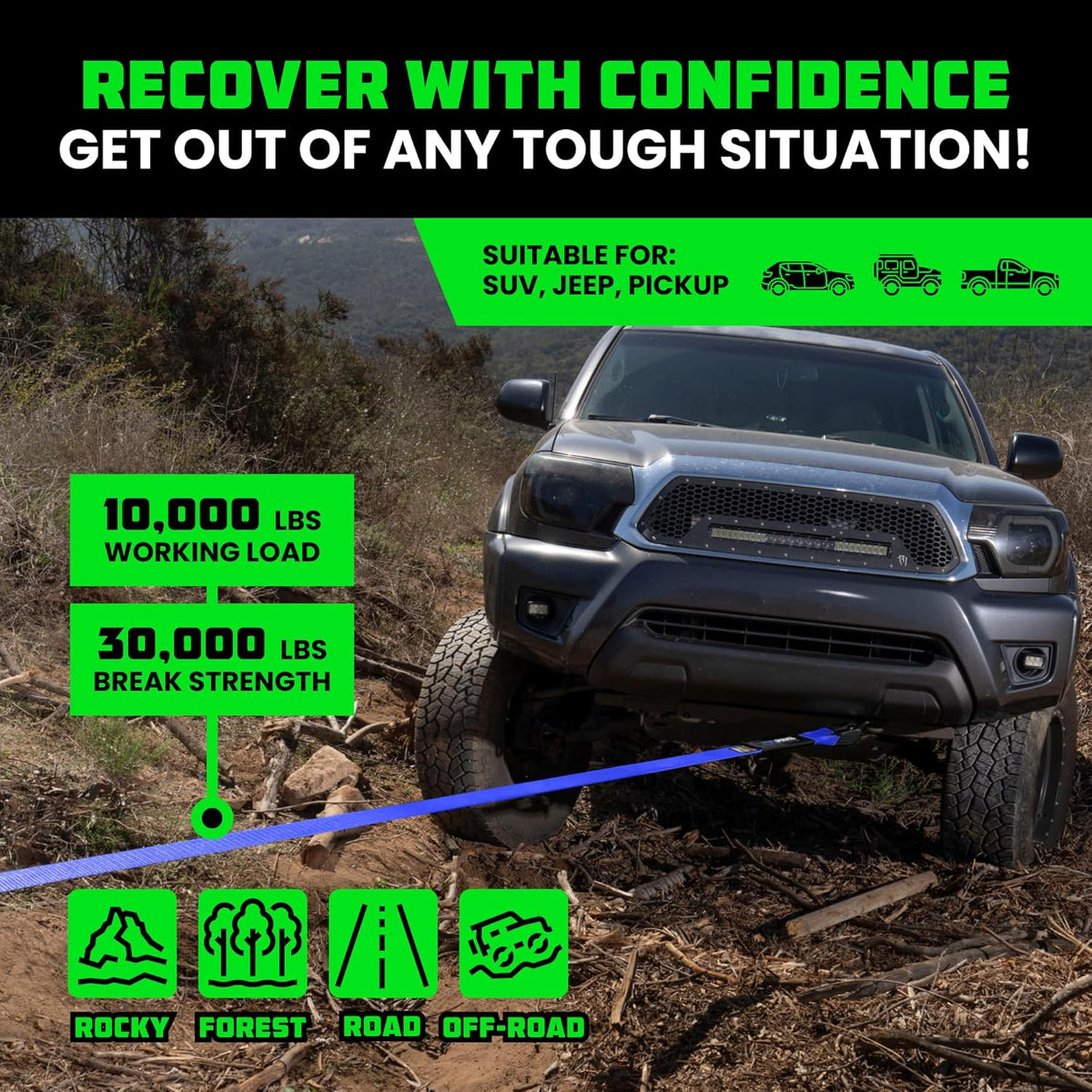 Rhino USA Recovery Tow Strap (3"x30') - 31,518lb Break Strength- Emergency Recovery Strap Tow Rope for Truck, UTV, ATV & More- Heavy Duty Towing Strap for Offroad 4x4 Use - Compatible with Jeep (Blue)