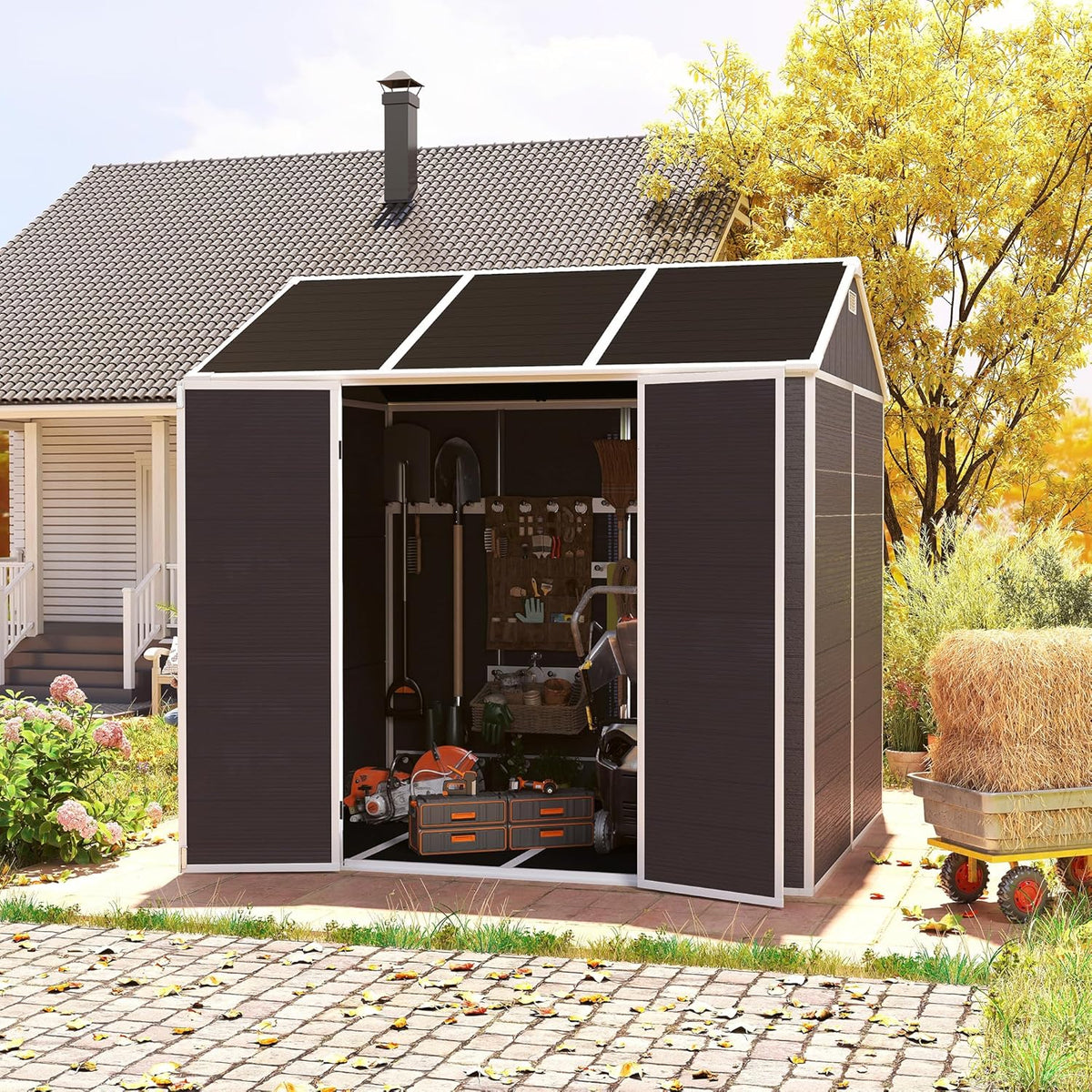8x7 FT Outdoor Storage Resin Shed with Floor,Waterproof Plastic Garden Bike Shed with Lockable Door, Sloped Roof, Vents & Windows, Easy Assembly Tool Shed for Lawn, Backyard, Patio, Black