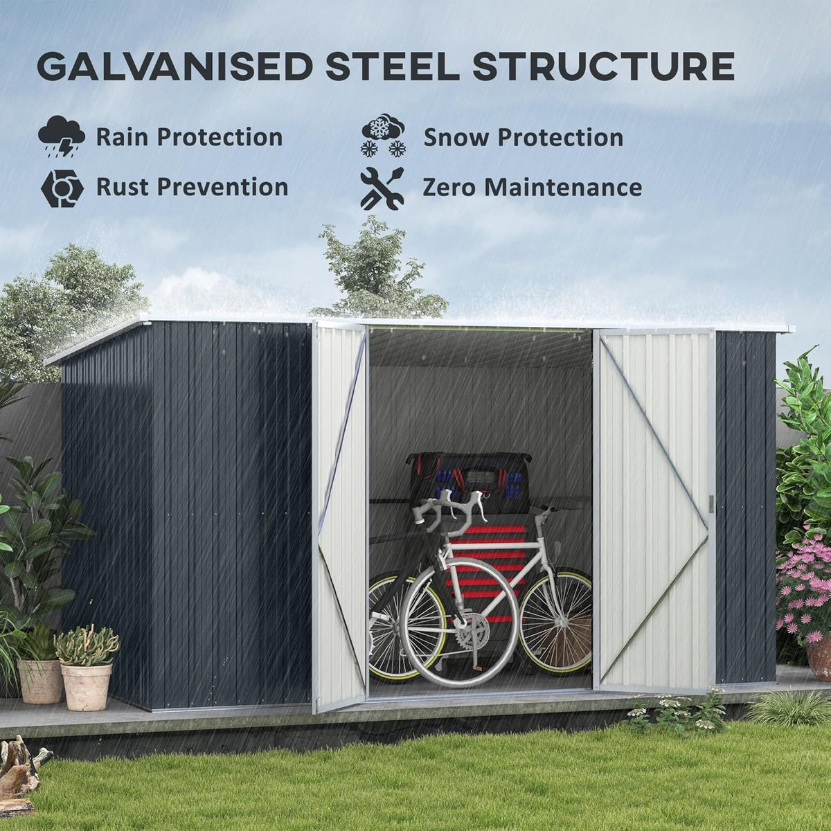 Outsunny 11' x 6' Outdoor Storage Shed, Galvanized Metal Utility Garden Tool House, 2 Vents and Lockable Door for Backyard, Bike, Patio, Garage, Lawn, Dark Gray