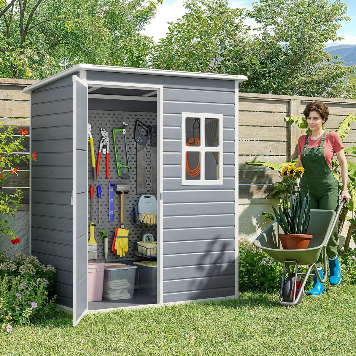Gizoon 5x3 FT Outdoor Storage Shed with Lockable Door, Resin Weatherproof Plastic Garden Shed with Floor & Ventilation, Backyard Shed for Patio, Lawn Tools, Bike, and Toys