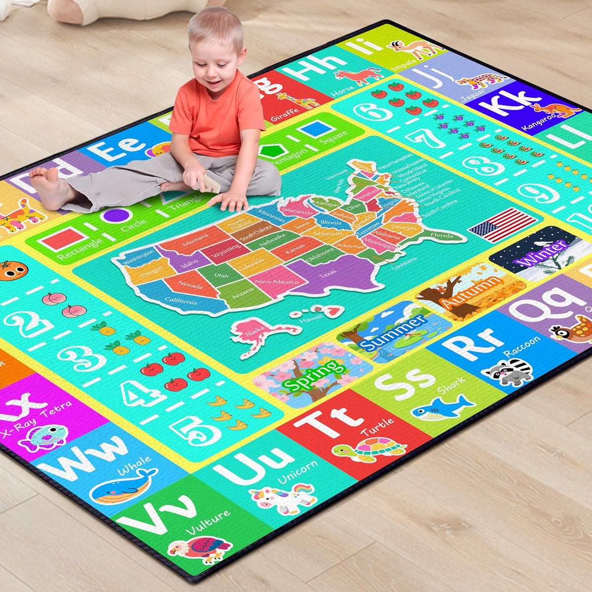 ABC Rug for Kids Playroom, 5'x 6'6" Washable Classroom Area Rugs, Educational Learning Mat with Alphabet Numbers Animals Seasons Shapes for Classroom Preschool Playroom