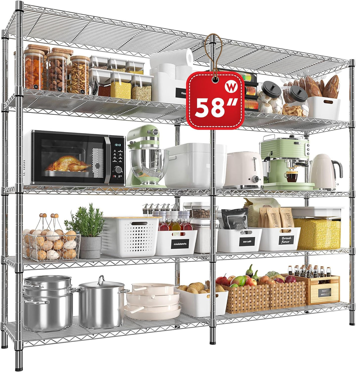 REIBII 58" W 5 Tier Heavy Duty Wire Shelving Unit with Adjustable Shelves - 1400LB Metal, Chrome - 58" W x 59" H x 13.8" D - Garage, Pantry, Kitchen