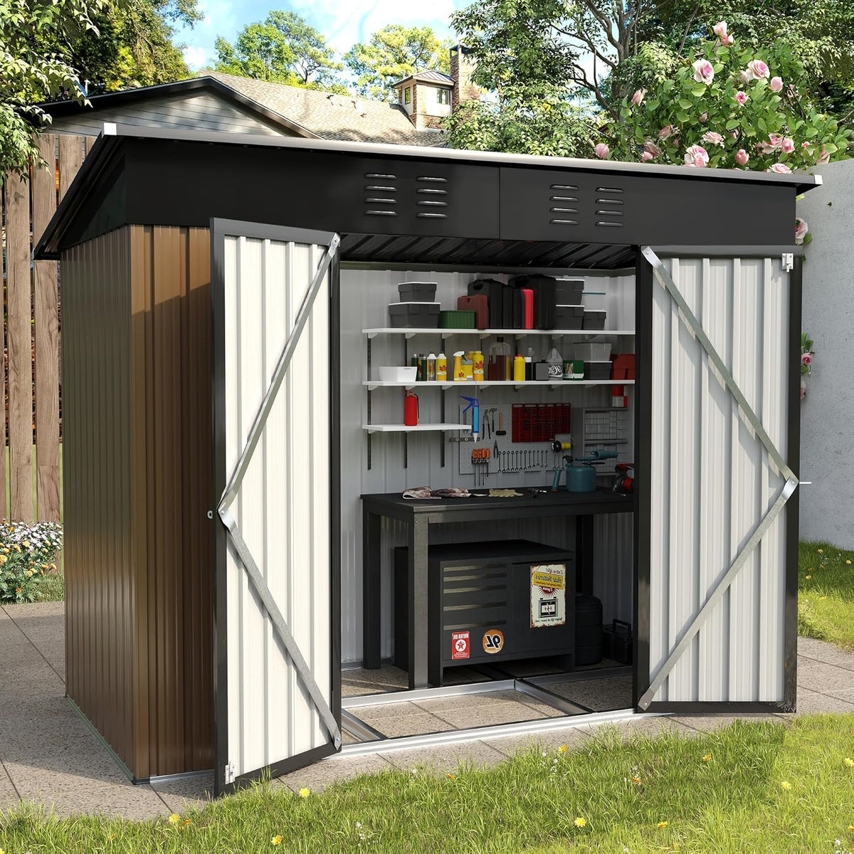 UDPATIO Outdoor Storage Shed 8x4 FT, Outside Sheds & Outdoor Storage Metal Galvanized Steel Yard, Patio, Lawn, Tool Shed with Lockable Door for Can, Bike, Lawnmower, Generator,Brown