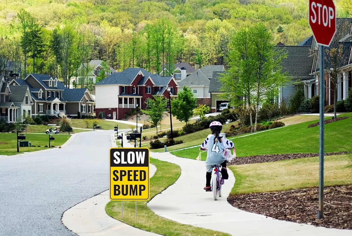 2PC Speed Bump Sign with Stakes, 17 Inches by 13 Inches - Corrugated Plastic - Caution Bump Ahead Signs