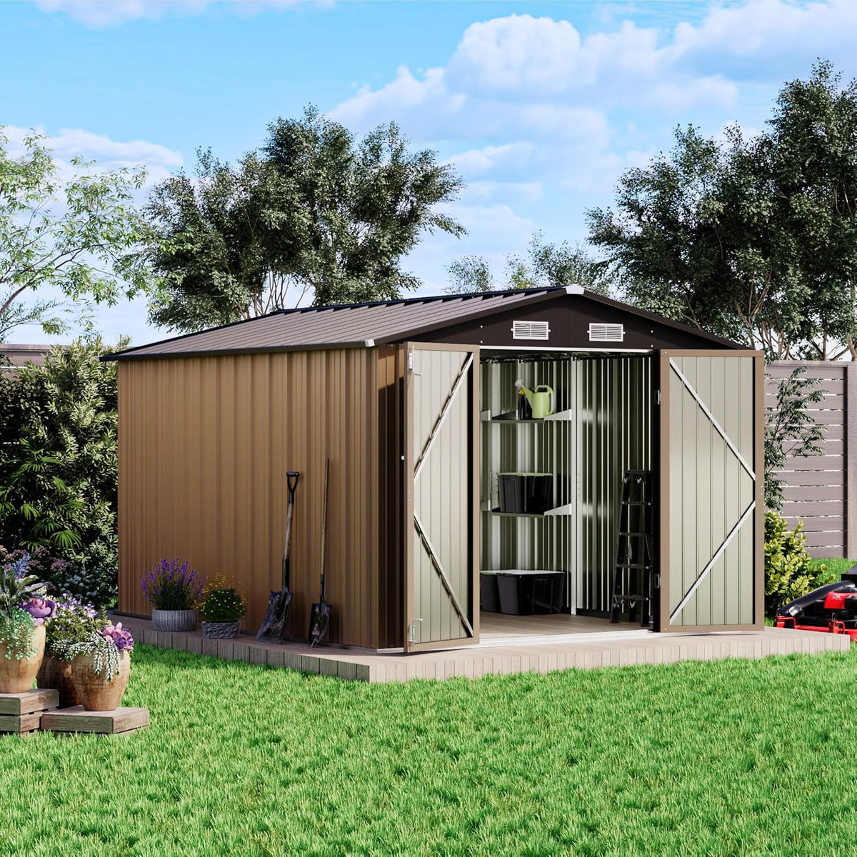 Patiowell 8x10 FT Outdoor Storage Shed with Detachable Storage Rack, Large Garden Tool Metal Shed with Sloping Roof and Double Lockable Door, Outdoor Shed for Backyard Garden Patio Lawn,Brown