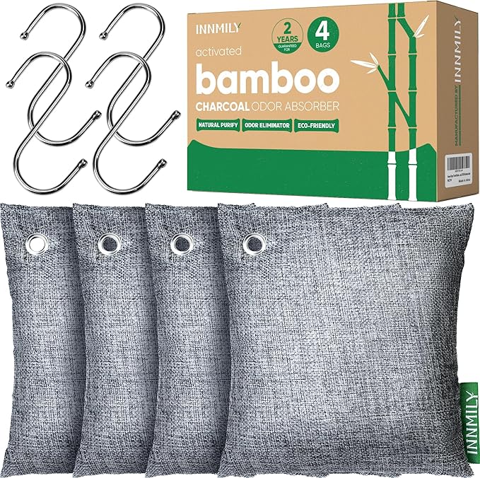 Activated Charcoal Odor Absorber,Large 4x500g w Hooks Nature Odor Eliminator for Strong Odor,Bamboo Charcoal Air Purifying Bags,Moisture Absorbers for Fresh Home Car Closet Pet,Smoke Room Deodorizer
