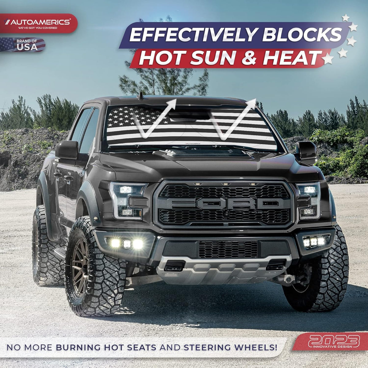 Autoamerics 1-Piece Windshield Sun Shade B&W American Flag USA Patriotic Design - Foldable Car Fits Easily to SUV & Truck Vehicles UV Ray Blocker Keeps Your Vehicle Cool Large