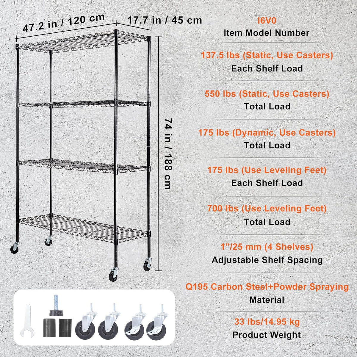VEVOR Storage Shelving Unit, 4-Tier Adjustable Storage Shelves, 48" L x 18" W x 74" H Garage Storage Shelves, Metal Shelves with Wheels for Kitchen Pantry Basement Bathroom Laundry