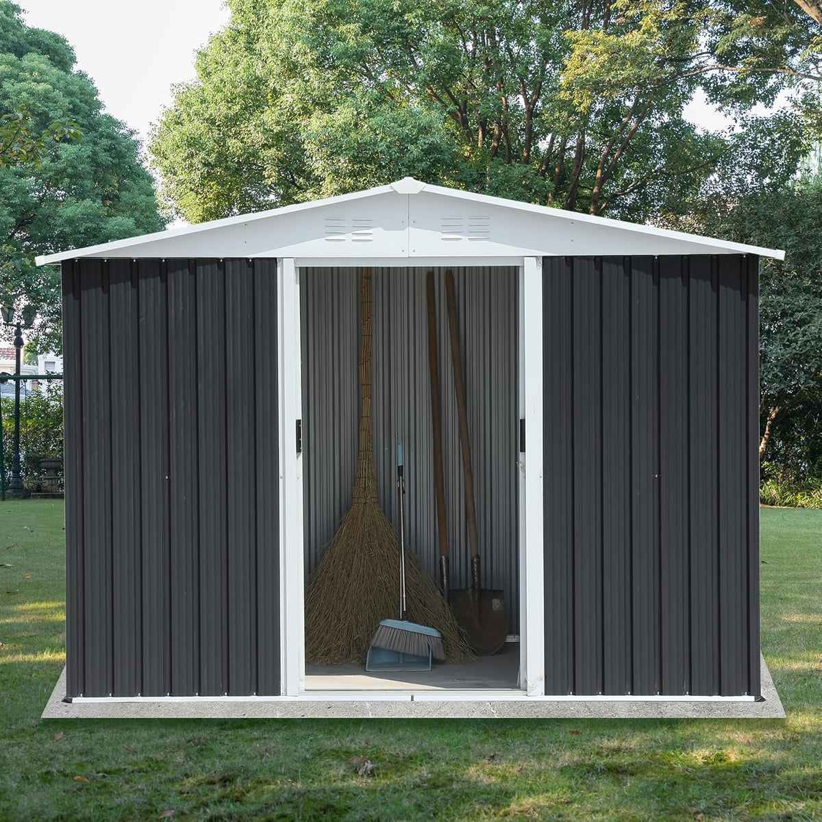 8x6 FT Outdoor Metal Storage Shed with Updated Frame, Waterproof Durable Garden Sheds w/Lockable Sliding Doors and Vents, All-Weather Shelter Tool House for Backyard, Patio, Lawn, Grey