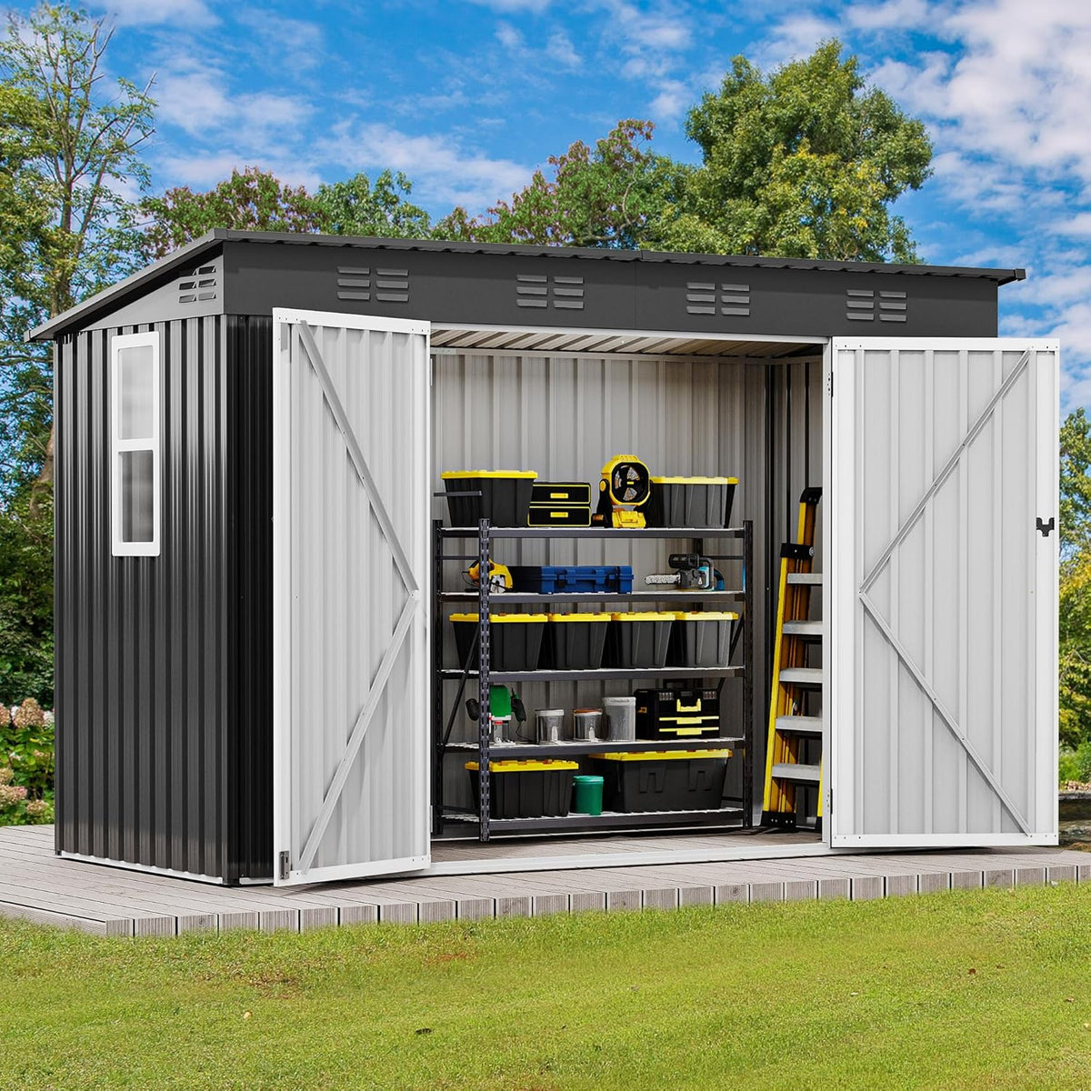 DWVO 9.1x4.2ft Metal Outdoor Storage Shed with Window, Lockable Tool Storage Sheds, Oversized Steel Garden Sheds with Sloped Roof for Backyard, Patio, Garage, Lawn, Dark Gray