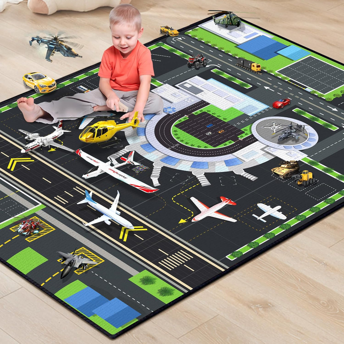 Play Rug for Playroom 2x3 Airport Carpet for Boys Bedroom with Combined City Road Traffic System Aircraft Runway Playmat Rugs Carpet Non-Slip Washable Area Mat