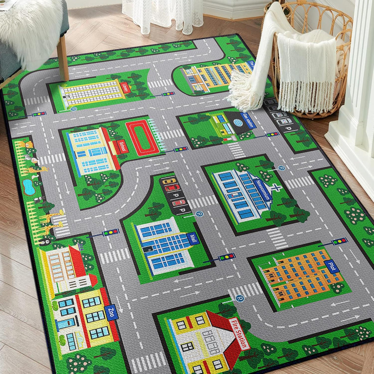Fun Car Play Area Carpet Car Mat 3x4 Play Rug for Playroom Town City Road Map for Boys Bedroom Non-Slip Washable