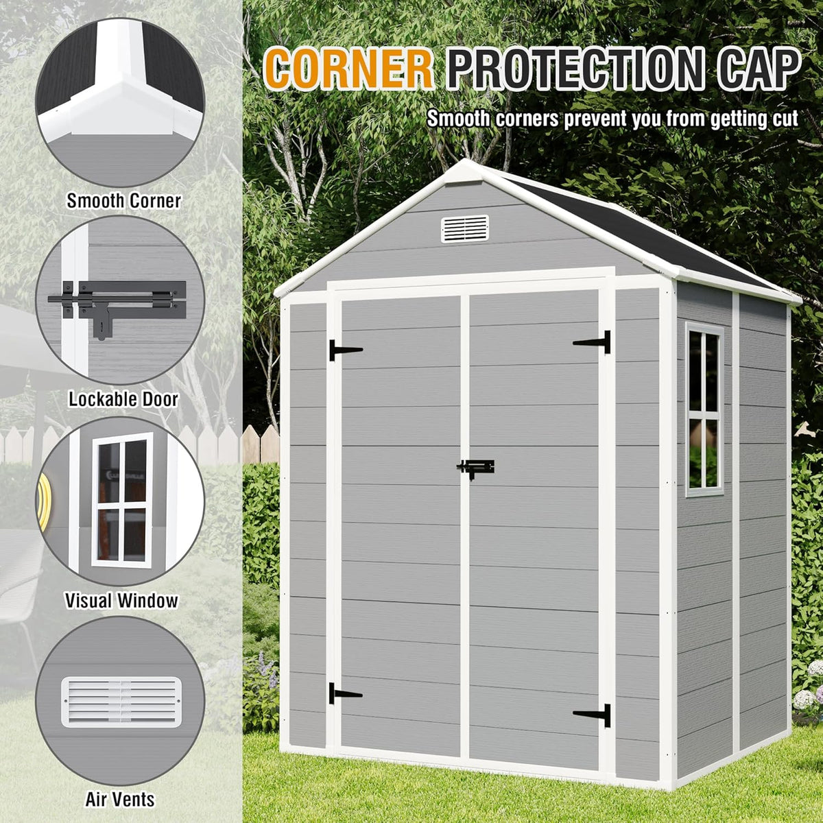 6x5 FT Outdoor Storage Resin Shed with Floor, Waterproof Plastic Garden Tool Shed with Windows, Vents & Lockable Door and Sloped Roof, Easy to Assemble Bike Shed for Patio, Backyard, Lawn, Grey