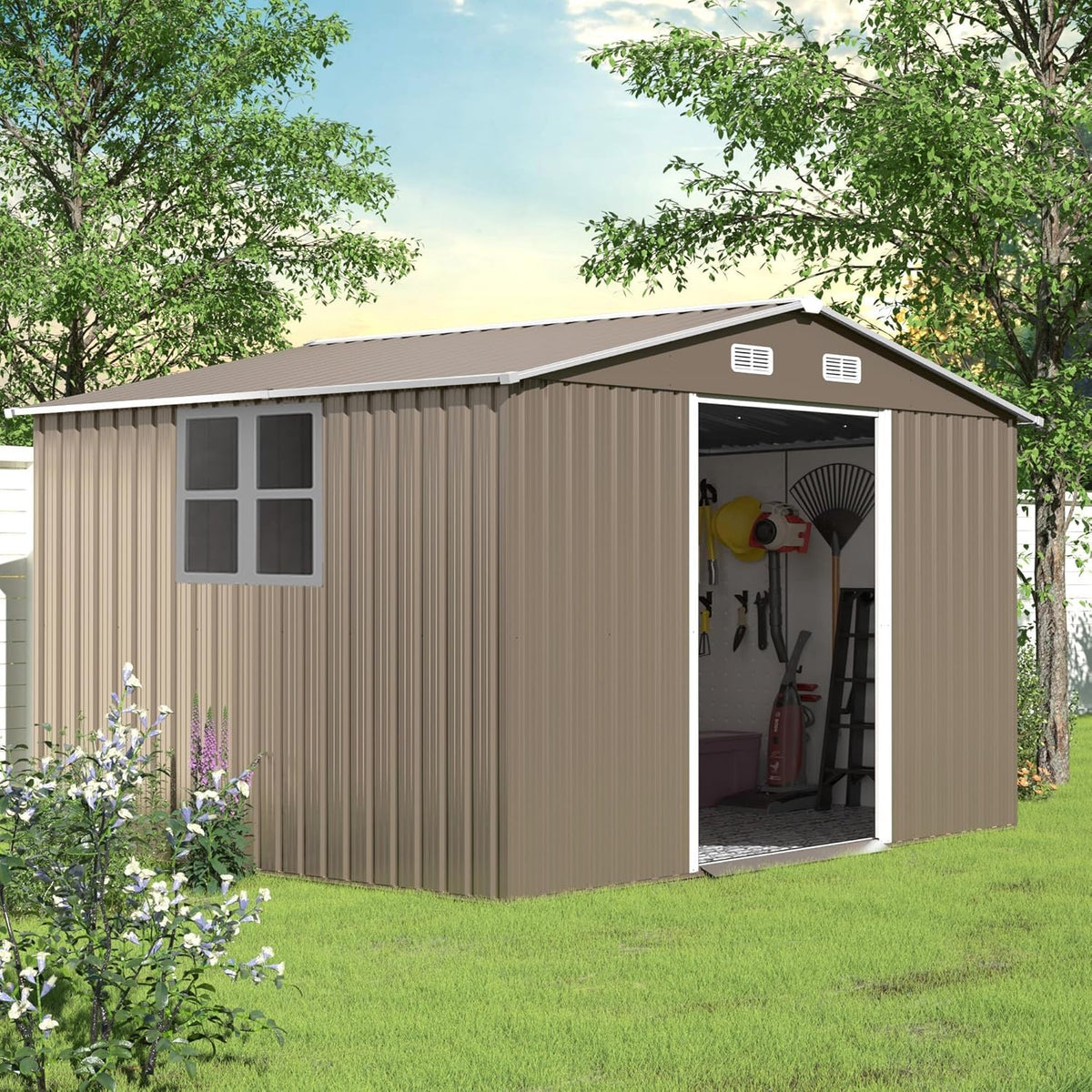 10FT x 8FT Metal Outdoor Storage Shed,Garden Sheds & Outdoor Storage w/Lockable Sliding Doors & Air Vent,Metal Shed for Backyard,Garden,Patio,Lawn