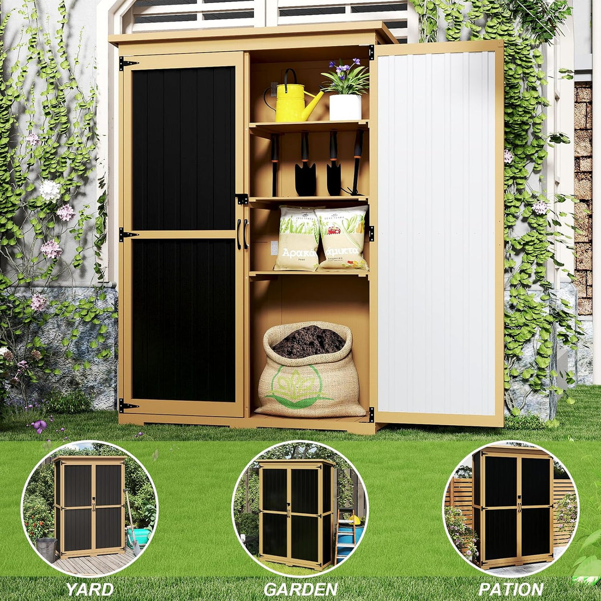 Outdoor Storage Shed with Adjustable Shelf, Wood & Metal Storage Cabinet Waterproof with Lockable Doors & Sloping Roof,Vertical Garden Shed for Patio Backyard, Tool Shed and Accessories, Brown