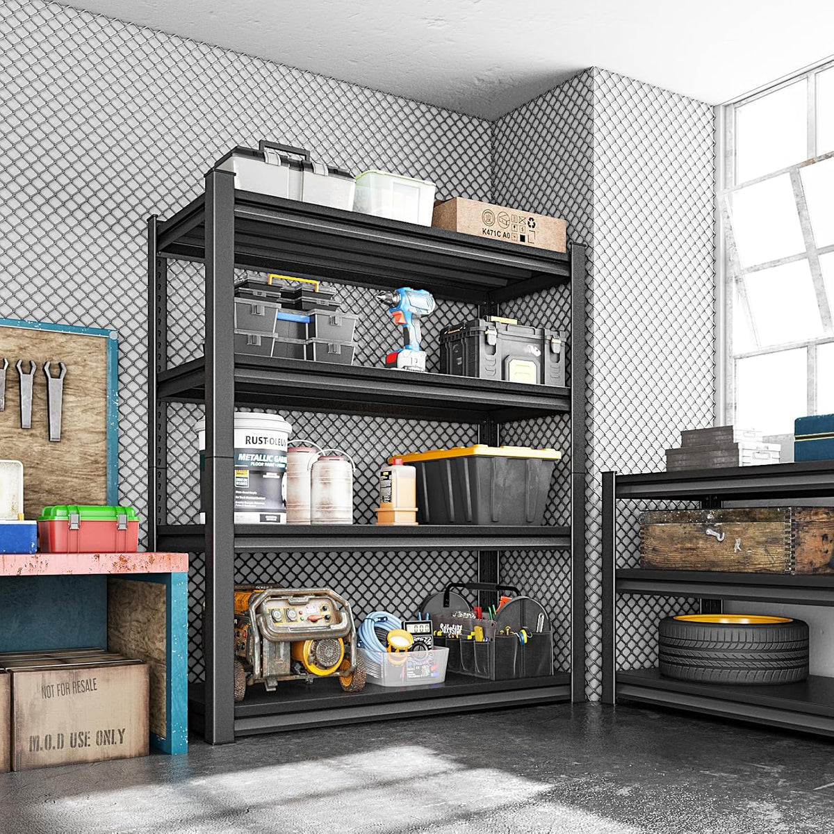 Garage Storage Shelves Heavy Duty, 48”W Garage Shelving and Storage Rack, 2200LBS Loads Shelving Units, Adjustable 4-Tier Metal Shelves for Garage, Warehouses, 48”W×16”D×63”H,Black