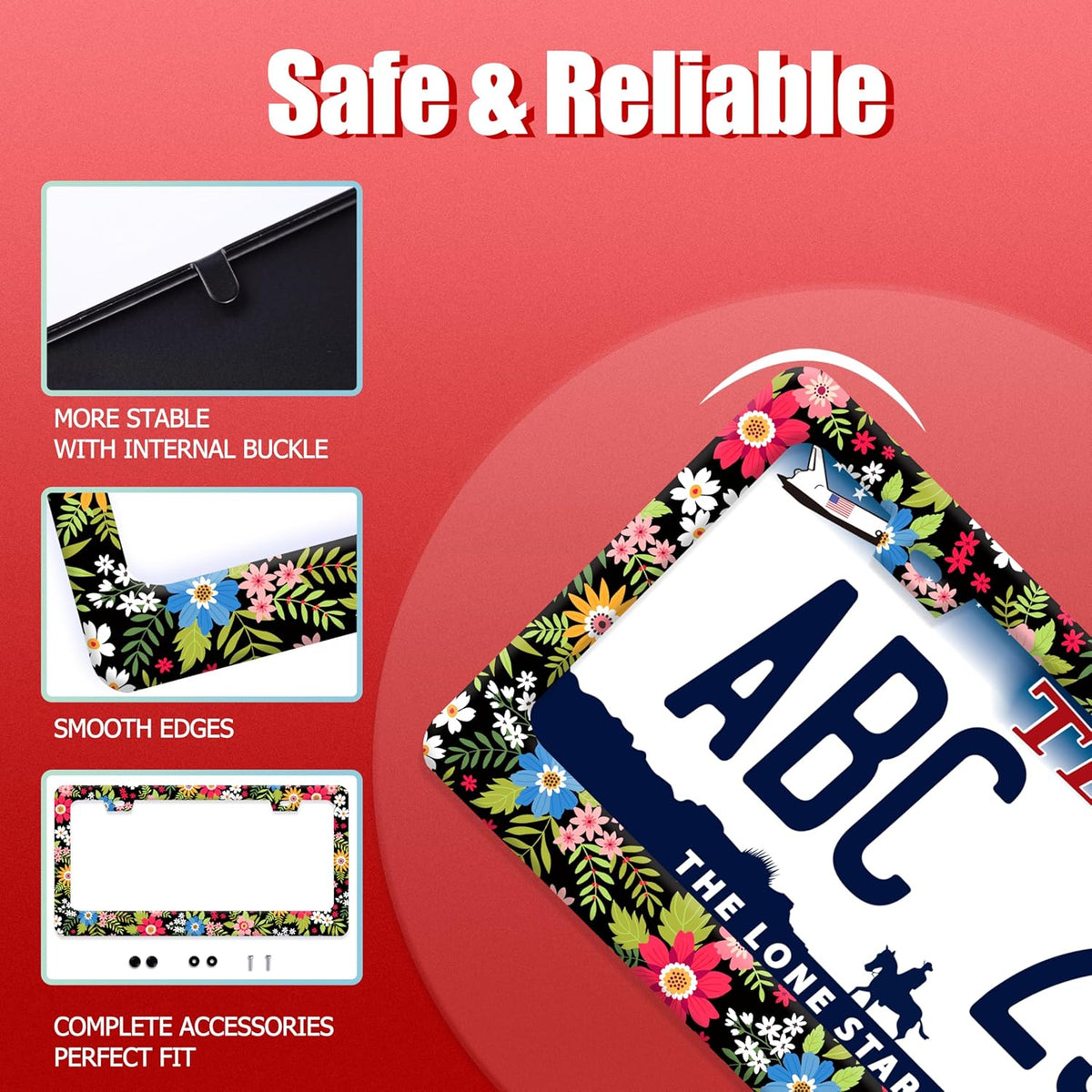 Folk Art Flowers License Plate Frame Funny Colorful License Plate Frames Stainless Steel Accessories Cars Decor with 2 Holes and Screws Fits Standard Us Ca Vehicles License Plate Holder 12.2 X 6 Inch