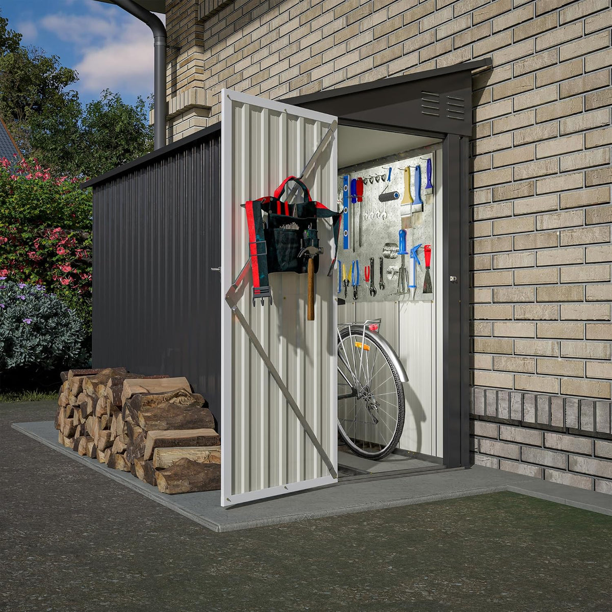 4x8 FT Outdoor Storage Shed,Lean to Metal Shed W/Floor Included,Garden Storage Shed W/Lockable Door,All Weather Waterproof Tool House W/ 2 Air Vents,for Backyard,Patio,Lawn,Garden,Black