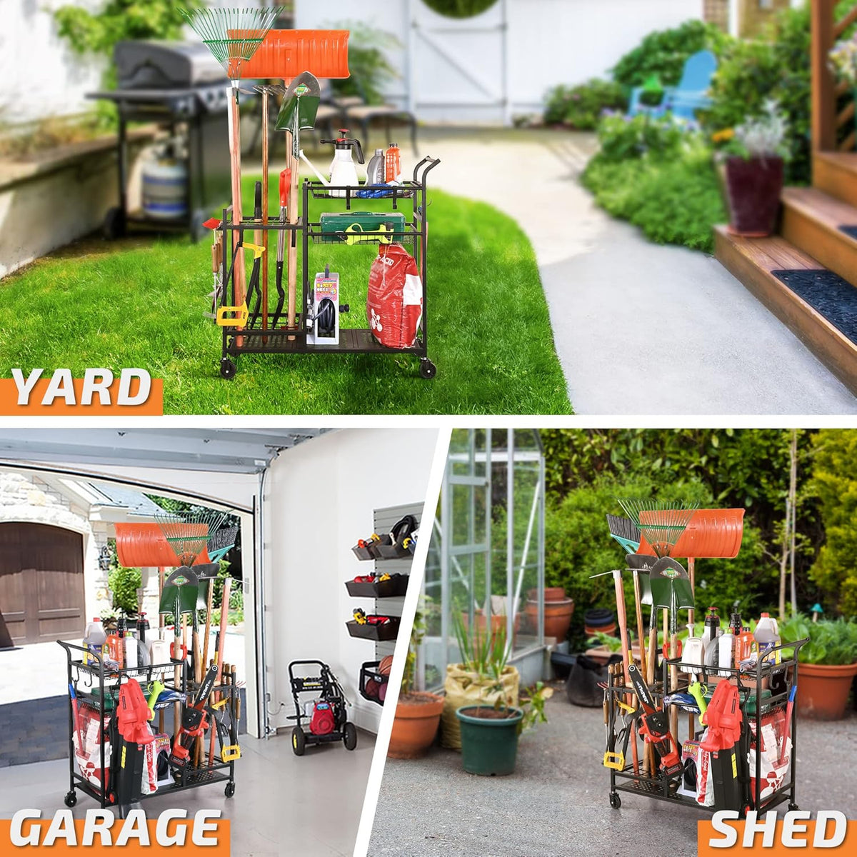 PLKOW Garden Tool Organizer with Wheels, Garden Tool Rack, Yard Tool Holder for Rakes, Shovel, Fertilizer, Garden Tool Storage for Garage, Shed, Outdoor