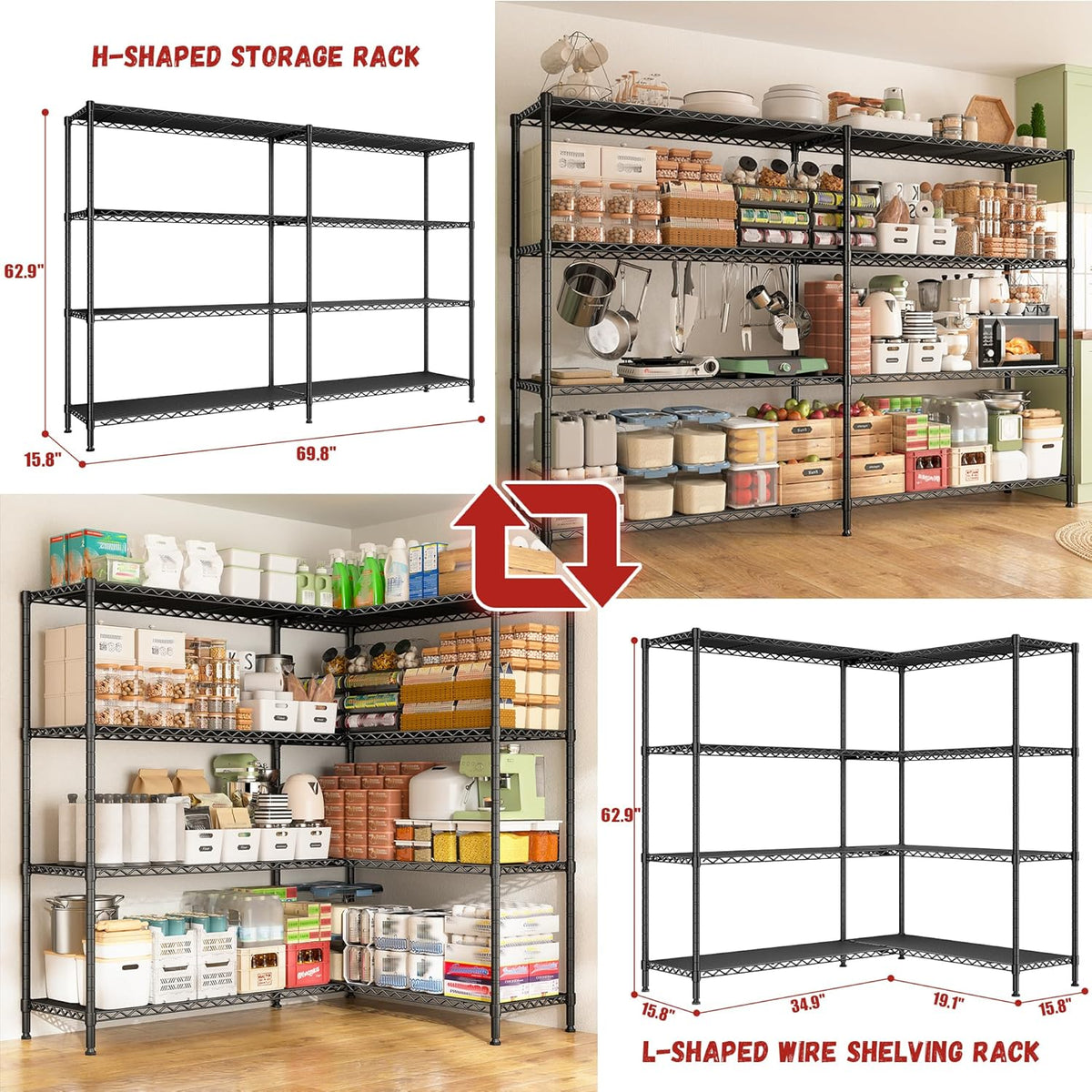 REIBII 69.8" W Storage Shelves 1250LBS Wire Shelving Unit 4 Tier Metal Shelving for Storage Rack Shelves Adjustable Heavy Duty Garage Shelf Pantry Shelves Kitchen Shelving, 69.8"Wx15.8"Dx62.9"H,Black