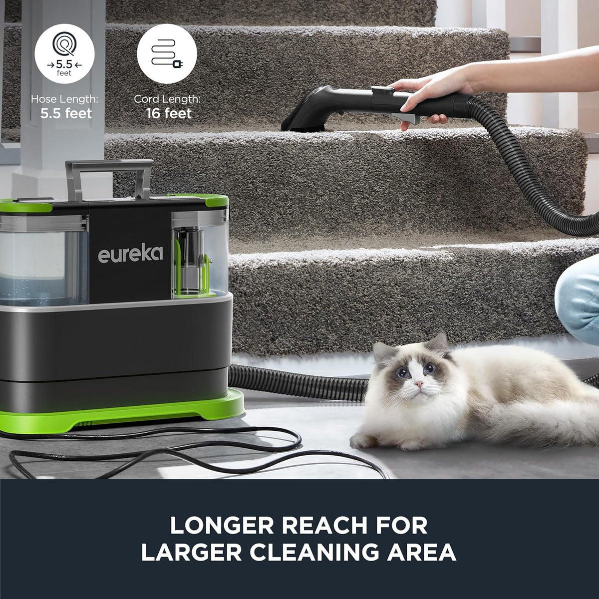 EUREKA Portable Carpet and Upholstery Cleaner, Spot Cleaner for Pets, Stain Remover for Carpet, Area Rugs, Upholstery, Coaches and Car, 50.7oz Large Water Tank, NEY101GR with Cleaning Formula, Green