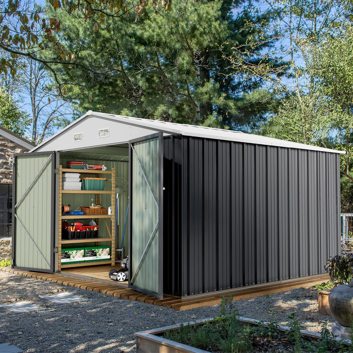 Devoko 10 x 10 FT Outdoor Storage Shed, Metal Garden Sheds & Outdoor Storage Clearance, Large Tool Shed Outdoor with Single Lockable Door for Patio Lawn Backyard (Gray)
