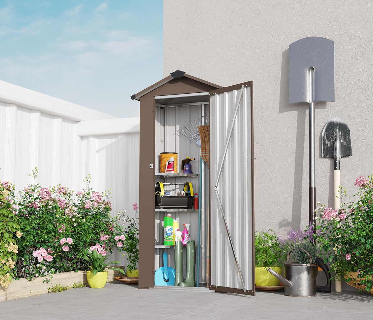 Outdoor Metal Storage Shed, Waterproof Garden Tool Shed with Lock, Galvanized Steel Utility Cabinet, Weather-Resistant Storage Locker for Backyard, Patio, Garage Tools Organization (Brown)