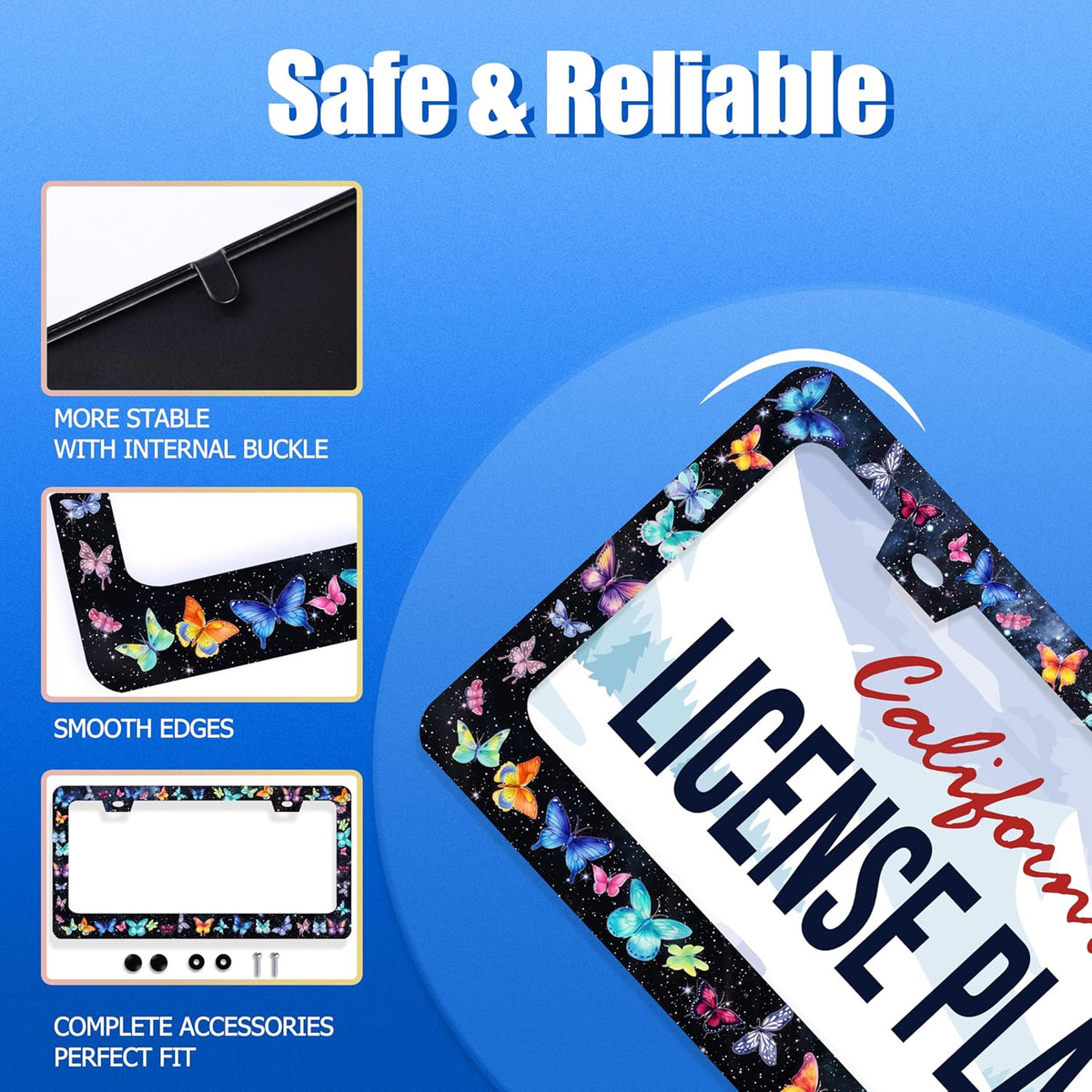 Beautiful Butterfly License Plate Frame Watercolor License Plate Stainless Steel Colorful License Plate Holder Car Accessory with Screws Car Decoration 12.3" x 6.3" Fits Standard Vehicles Size