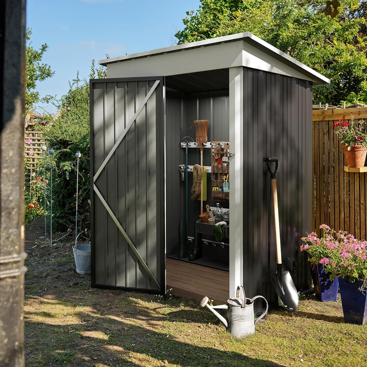 Devoko Outdoor Storage Shed 5 x 3 FT Lockable Metal Garden Shed Steel Anti-Corrosion Storage House with Single Lockable Door for Backyard Outdoor Patio (Gray)