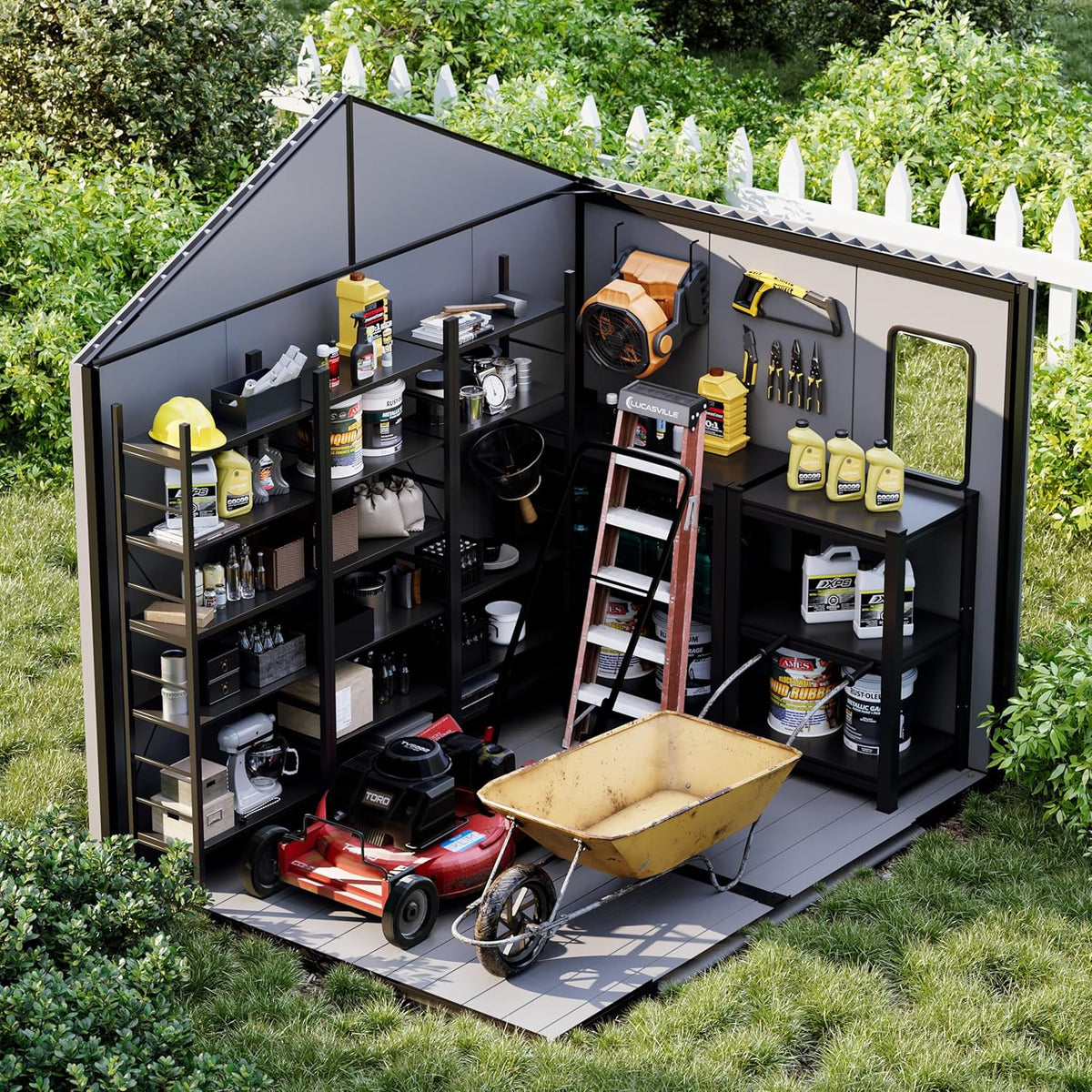 8 x 6 FT Resin Outdoor Storage Shed, All-Weather Plastic Garden Shed with Floor, Lockable Doors & Windows, Plastic Tool Shed for Poolside, Backyard, Patio